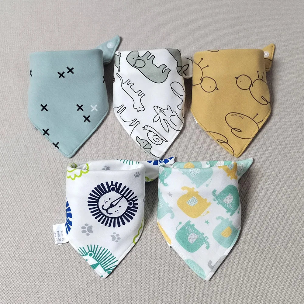 5pcs/lot Baby Bibs Triangle Double Cotton Bibs Cartoon Print Saliva Towel Baby