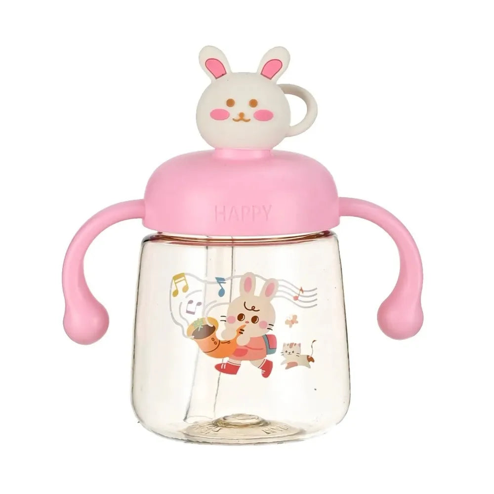 Portable Cartoon Baby Feeding Bottle 350ml with Straw Baby Drinking Cup Wide Caliber