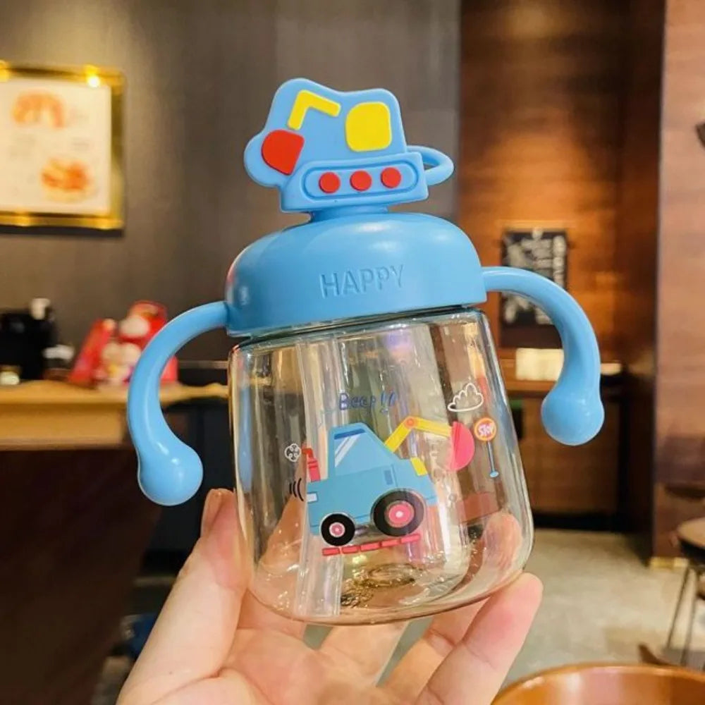 Portable Cartoon Baby Feeding Bottle 350ml with Straw Baby Drinking Cup Wide Caliber