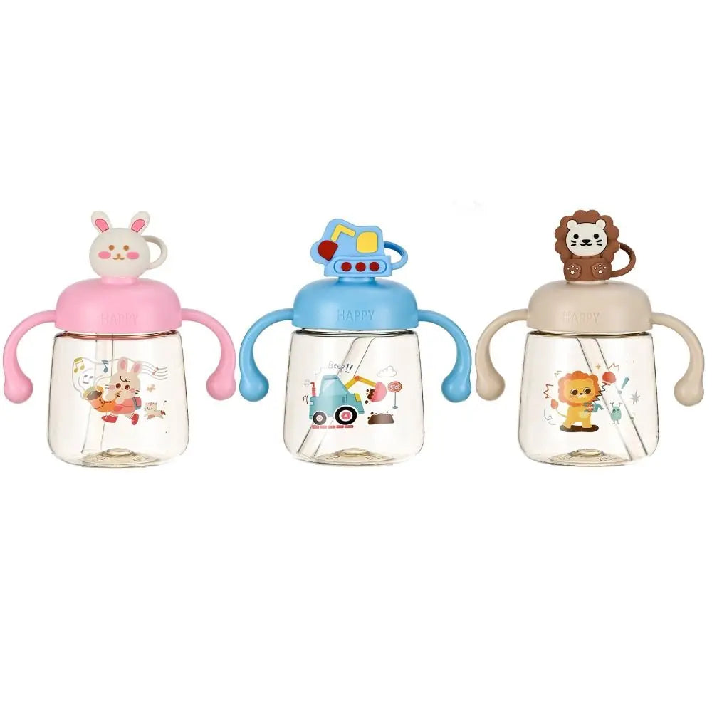 Portable Cartoon Baby Feeding Bottle 350ml with Straw Baby Drinking Cup Wide Caliber