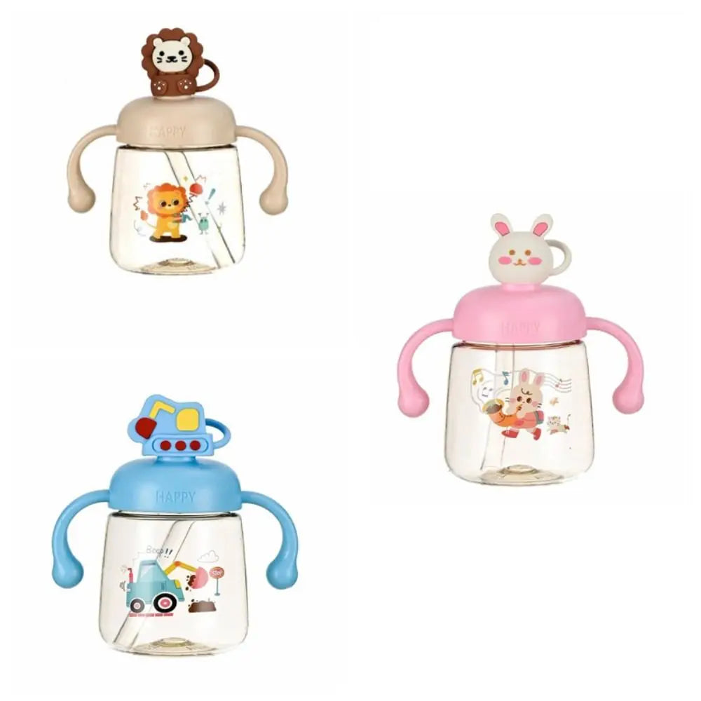 Portable Cartoon Baby Feeding Bottle 350ml with Straw Baby Drinking Cup Wide Caliber