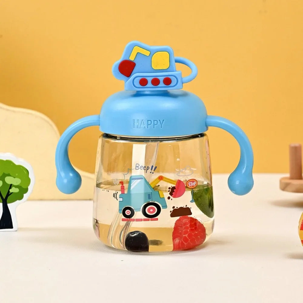 Portable Cartoon Baby Feeding Bottle 350ml with Straw Baby Drinking Cup Wide Caliber