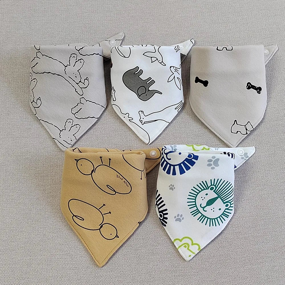 5pcs/lot Baby Bibs Triangle Double Cotton Bibs Cartoon Print Saliva Towel Baby