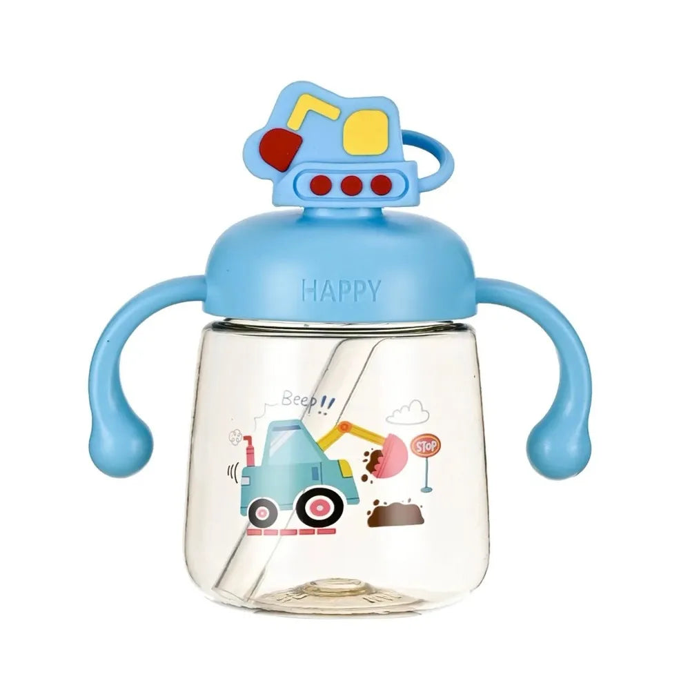 Portable Cartoon Baby Feeding Bottle 350ml with Straw Baby Drinking Cup Wide Caliber