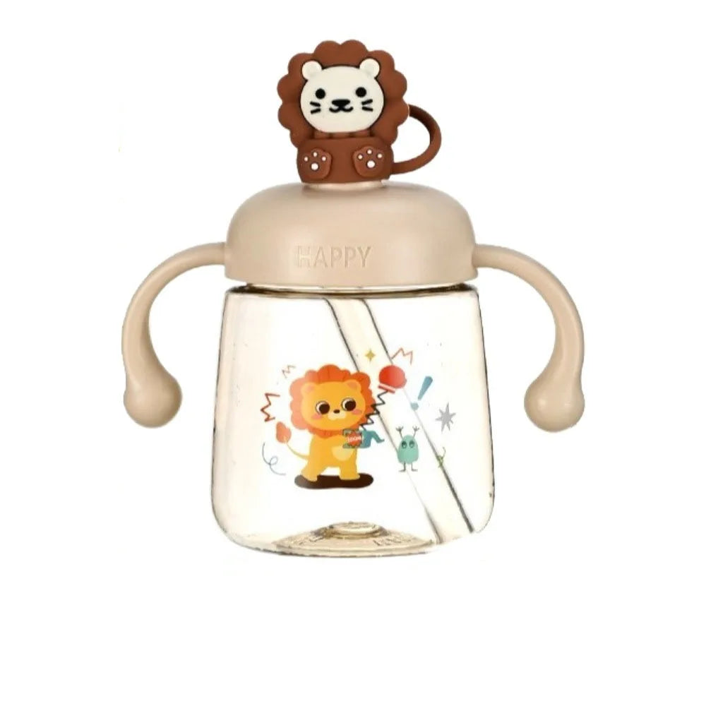 Portable Cartoon Baby Feeding Bottle 350ml with Straw Baby Drinking Cup Wide Caliber