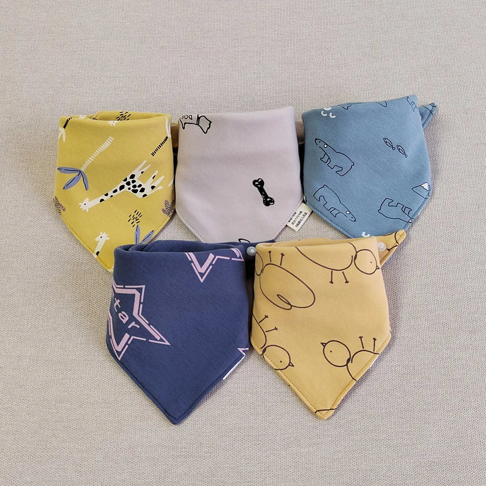 5pcs/lot Baby Bibs Triangle Double Cotton Bibs Cartoon Print Saliva Towel Baby
