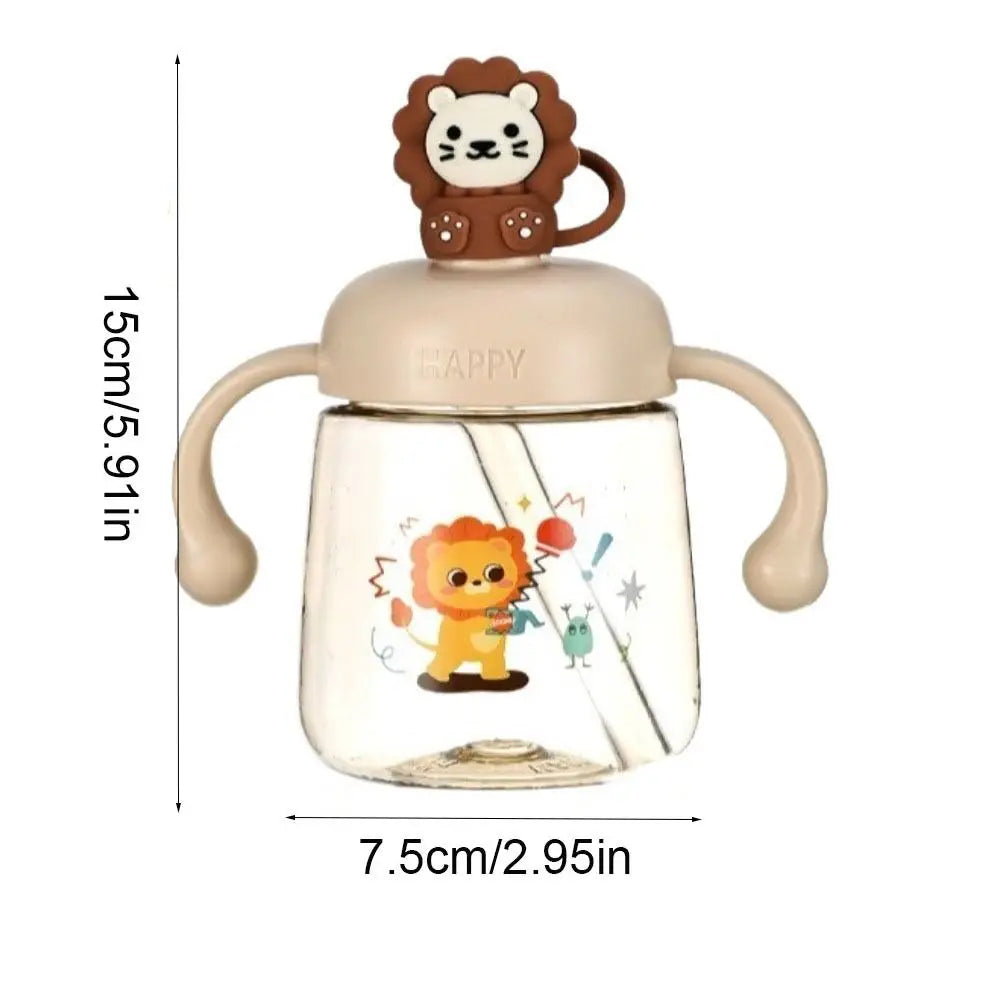 Portable Cartoon Baby Feeding Bottle 350ml with Straw Baby Drinking Cup Wide Caliber